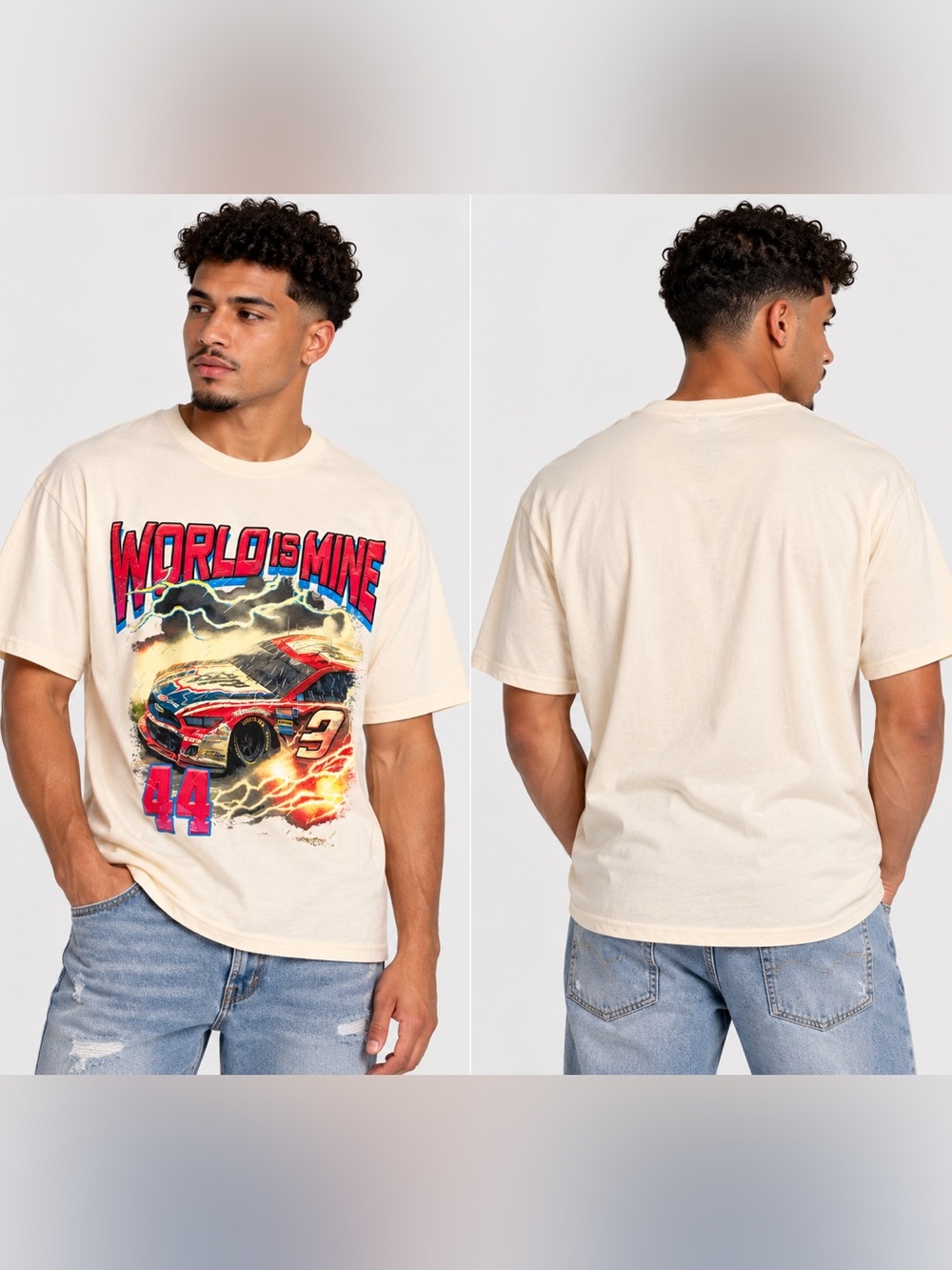 Fashion Nova Cream Racing Graphic Tee with Red & Blue Accents